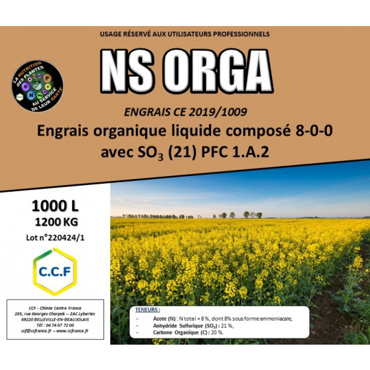 NS ORGA - Engrais spécifique liquide permettant d’apporter de l’azote sous forme ammoniacale, du soufre et du carbone organique.