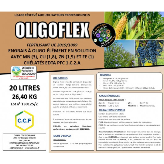 OLIGOFLEX - Engrais foliaire liquide permettant d’apporter un cocktail d’oligo-éléments (manganèse, cuivre, zinc et fer) sous forme chélatée EDTA